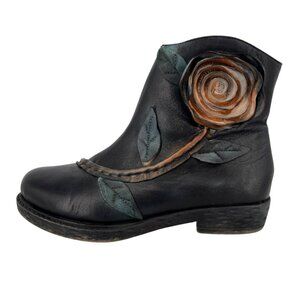 Socofy Floral Dimensional Black Leather Ankle Boots Size 41